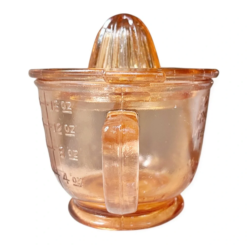 Depression Era Pink Peach Amber Glass Citrus Juicer Reamer w/2 Cup Measuring Cup - Picture 4 of 11